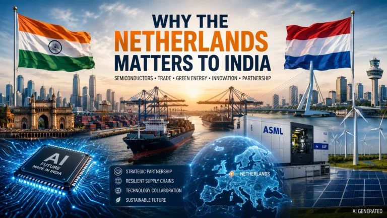 AI-generated editorial illustration showing India and the Netherlands connected through semiconductor technology, global trade, renewable energy, logistics, AI infrastructure, and strategic partnership visuals.