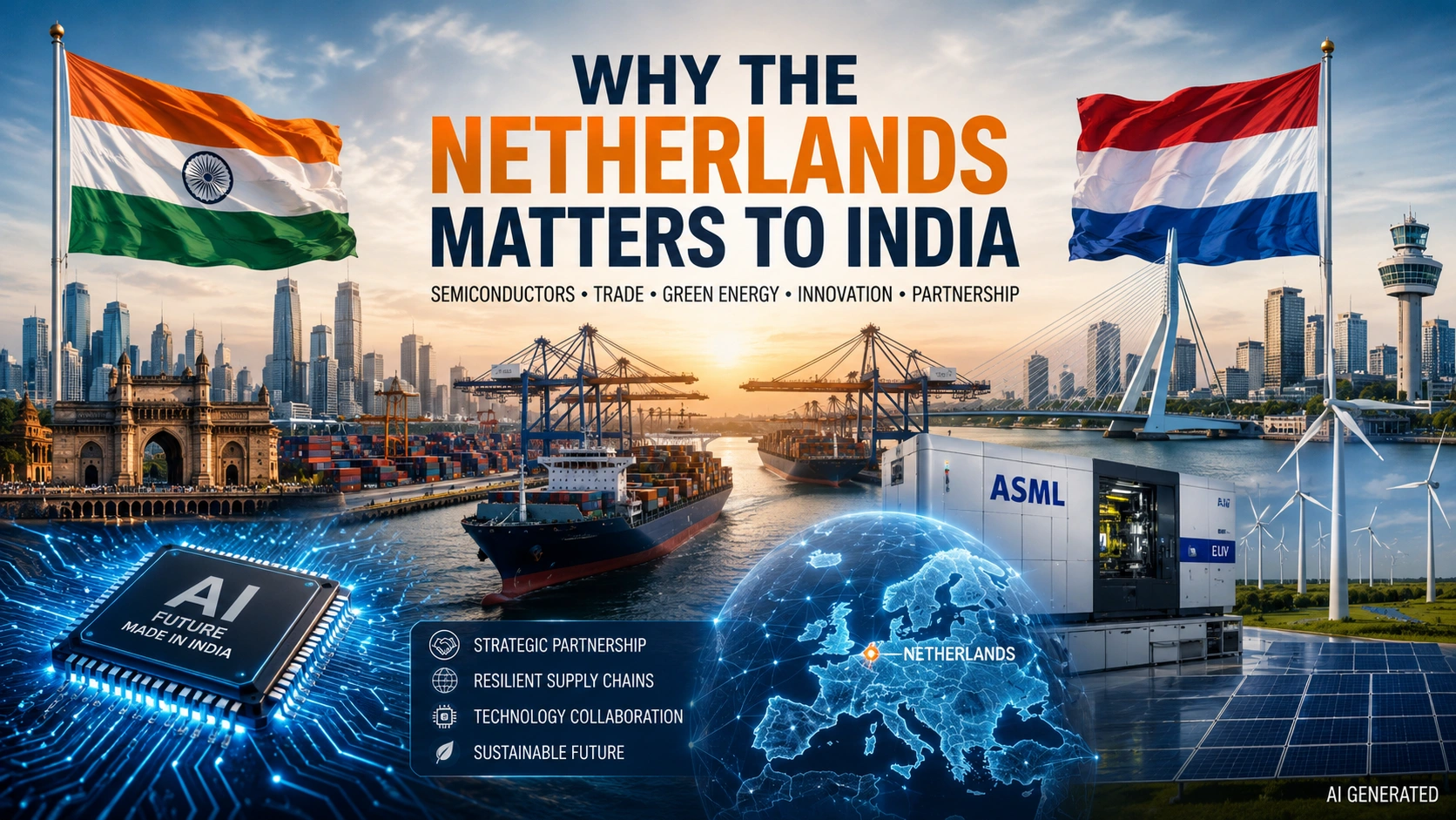 AI-generated editorial illustration showing India and the Netherlands connected through semiconductor technology, global trade, renewable energy, logistics, AI infrastructure, and strategic partnership visuals.