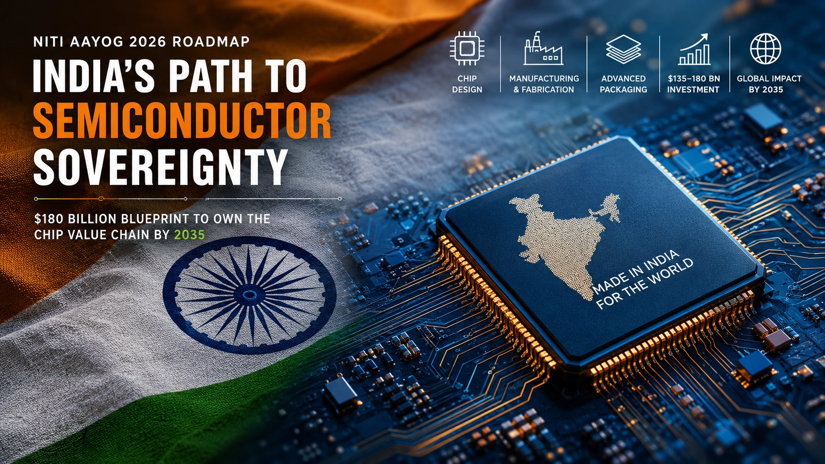 A strategic graphic titled 'India’s Path to Semiconductor Sovereignty', combining the Indian flag and a high-tech microchip on a motherboard. It outlines NITI Aayog's $180 billion blueprint with checklist items for design, fabrication, advanced packaging, and global impact by 2035.