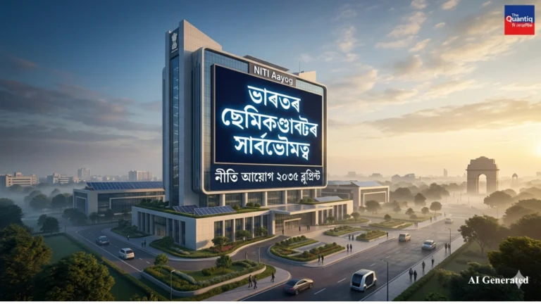 A futuristic rendering of the NITI Aayog building with a large screen displaying Assamese text about India's semiconductor sovereignty and 2035 blueprint.