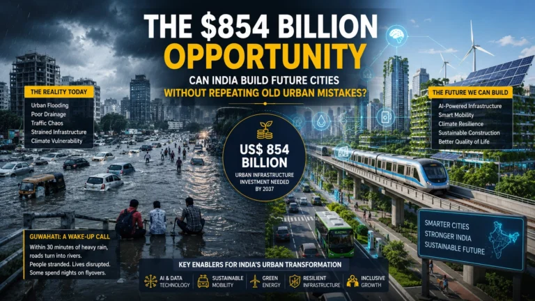 AI-generated editorial illustration showing flooded urban streets in India contrasted with futuristic smart-city infrastructure featuring metro systems, green buildings, AI-powered mobility, renewable energy, and sustainable urban planning.