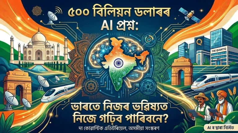 Illustration depicting India’s AI-powered future with digital innovation, smart infrastructure, high-speed trains, satellites, farmers using technology, and a futuristic Indian economy, presented in Assamese language.