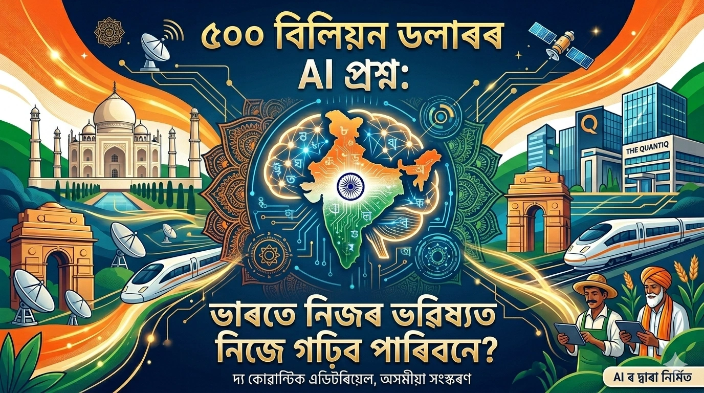 Illustration depicting India’s AI-powered future with digital innovation, smart infrastructure, high-speed trains, satellites, farmers using technology, and a futuristic Indian economy, presented in Assamese language.