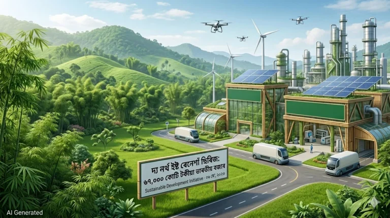 A detailed illustrative photograph showing the powerful transition of Northeast India from traditional raw material extraction to technology-led green manufacturing. A billboard within the scene displays the full series title in both Assamese and English, along with the article title. The left side features traditional resource harvesting, while the right side shows futuristic, sustainable bio-factories and clean energy. "AI Generated" watermark is visible in the bottom-right corner.