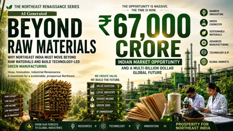 Editorial illustration for The Northeast Renaissance Series showing Northeast India’s transition from raw bamboo exports to technology-led green manufacturing and a ₹67,000 crore market opportunity.
