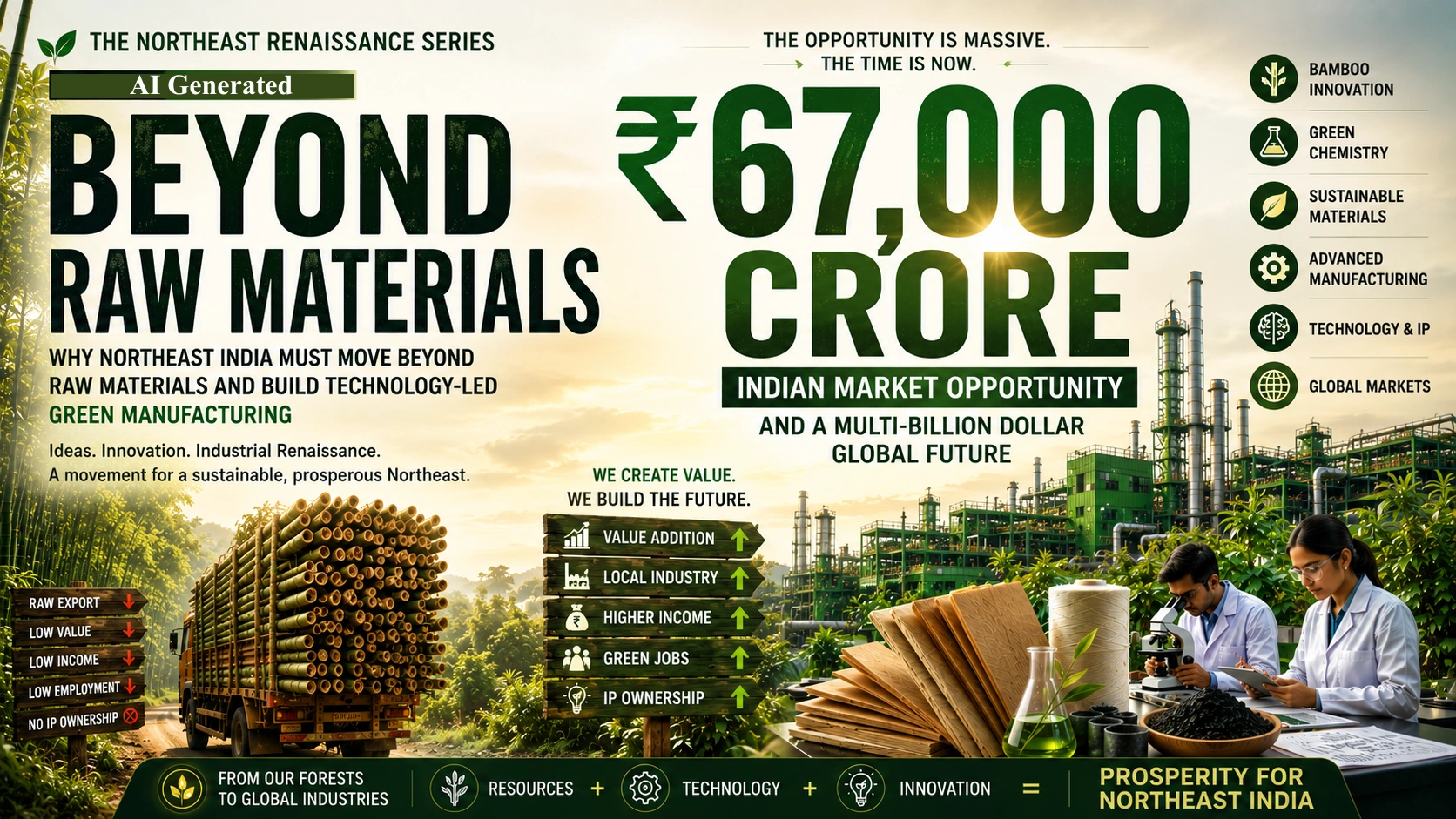 Editorial illustration for The Northeast Renaissance Series showing Northeast India’s transition from raw bamboo exports to technology-led green manufacturing and a ₹67,000 crore market opportunity.