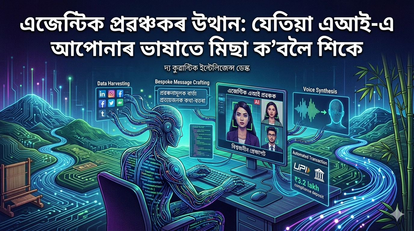 An intricate cybersecurity illustration by The Quantiq visualizing the rise of agentic AI fraud in Northeast India. A digital humanoid operating holographic interfaces labeled in Assamese: 'Data Harvesting' (তথ্য সংগ্ৰহ), 'Bespoke Message Crafting' (প্ৰৱঞ্চনামূলক বাৰ্তা), 'Deepfake' (এজেণ্টিক এআই প্ৰৱঞ্চক), and 'Automated Transaction' (ইউপিআই লেনদেন). The background blends technological circuitry with localized elements: hills, bamboo, and a handloom loom.