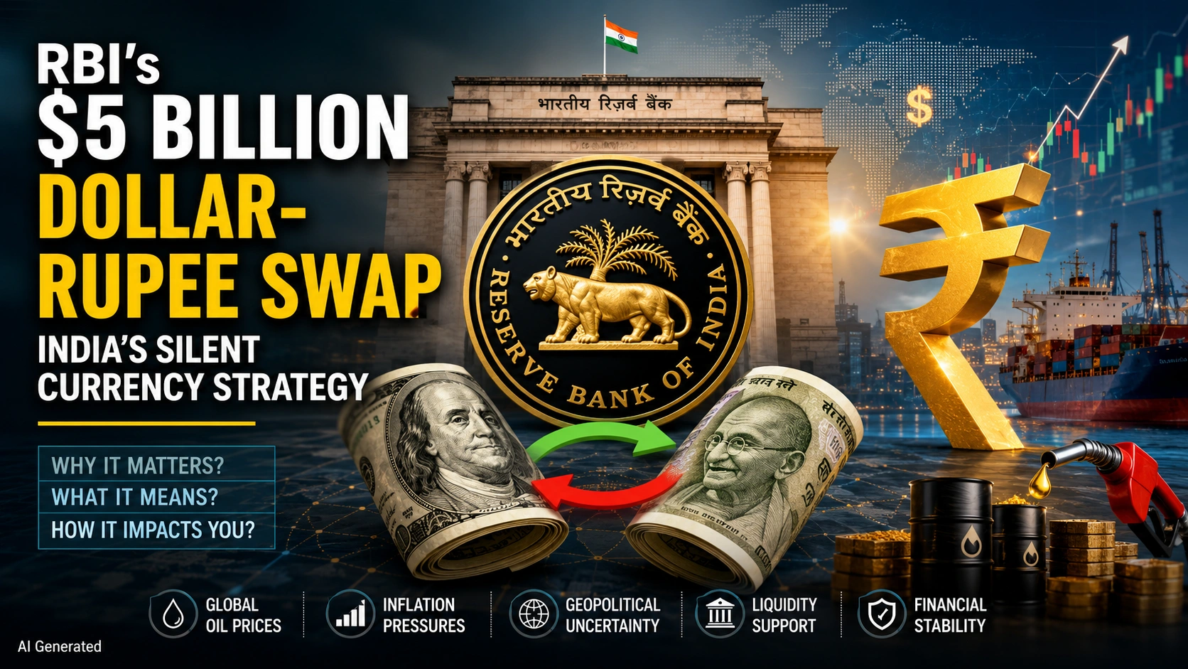 Reserve Bank of India dollar-rupee swap illustration showing currency pressure and India’s financial strategy