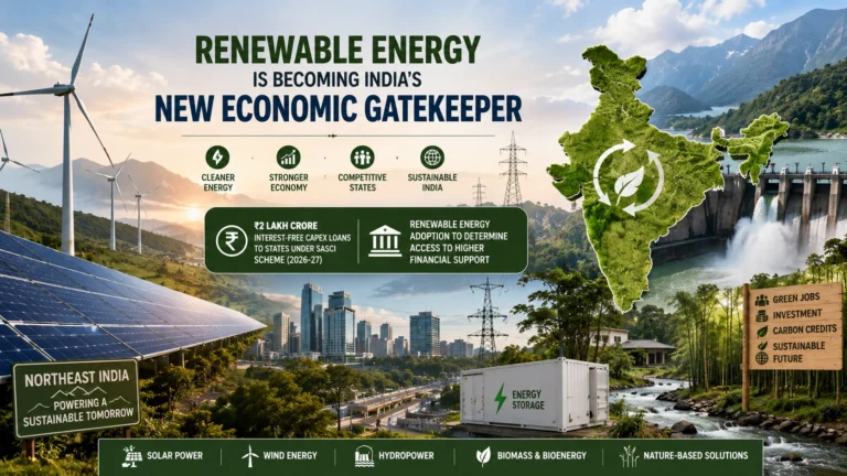 Illustration of India’s renewable energy transition featuring solar panels, wind turbines, hydropower infrastructure, and green economic development across Indian states.