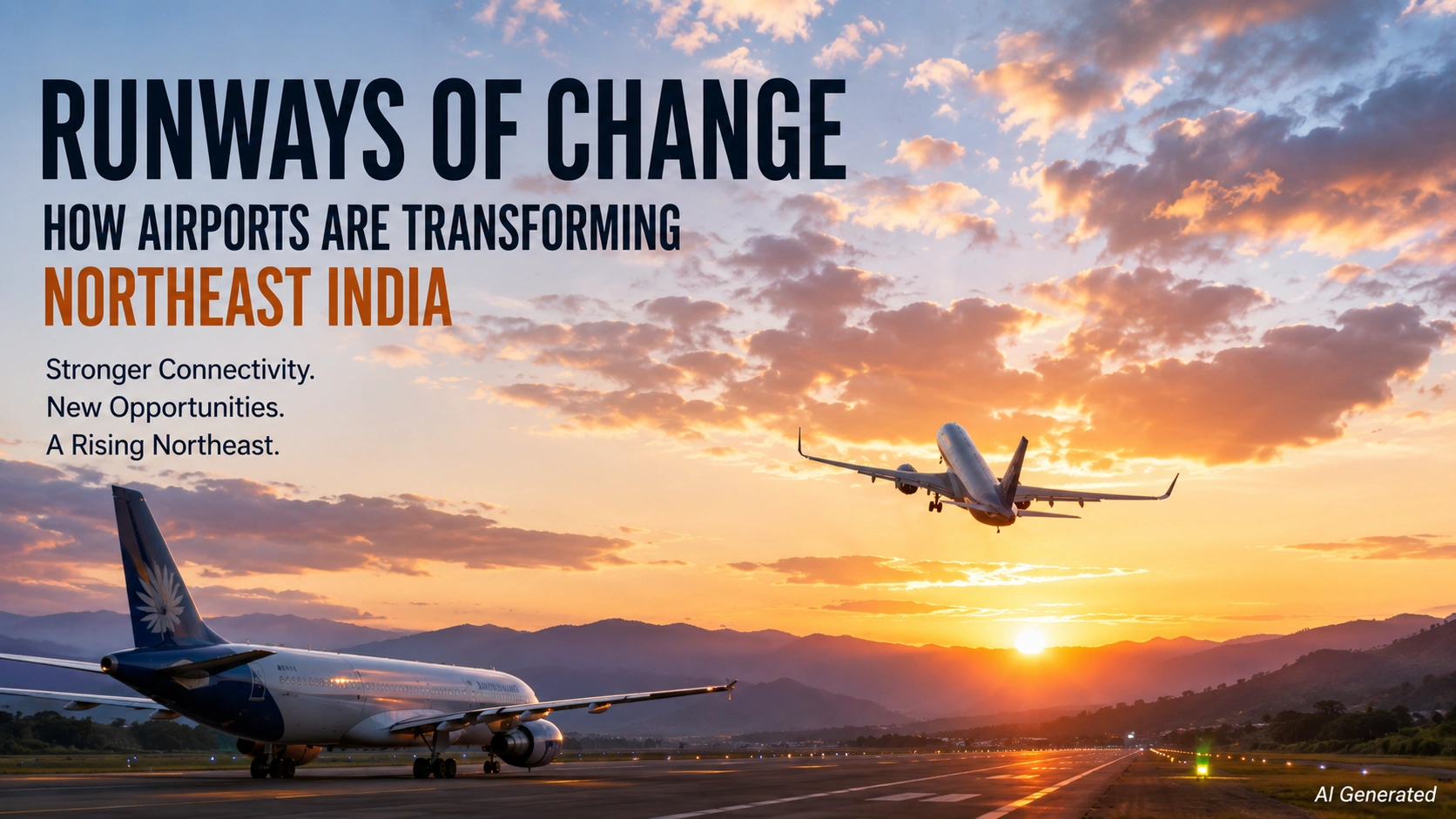A cinematic sunset view of airplanes on a runway in Northeast India symbolizing the region’s growing aviation connectivity and economic transformation.