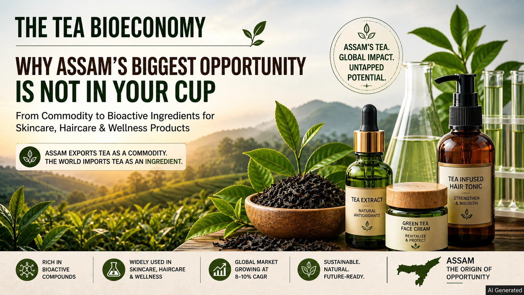 Tea leaves and Assam tea extracts used in skincare and haircare products representing the tea bioeconomy opportunity