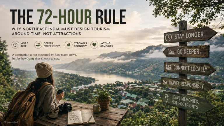 Tourists exploring a layered mountain tourism corridor in Northeast India representing long-stay sustainable tourism
