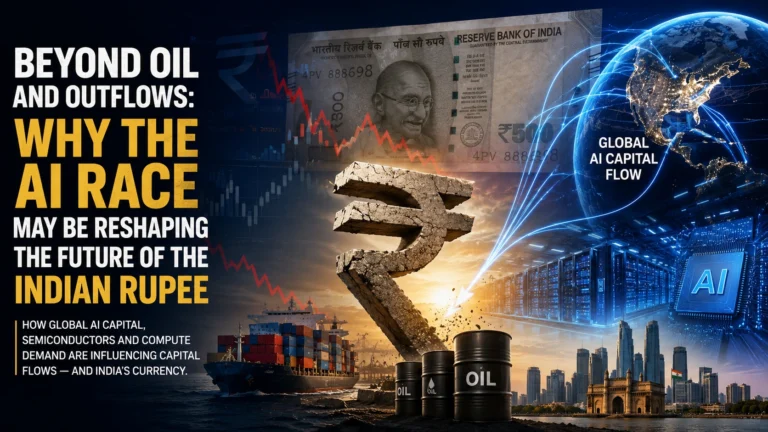 Editorial illustration showing the Indian rupee under pressure amid global AI capital flows, semiconductor dominance, oil shocks, and foreign investor outflows.