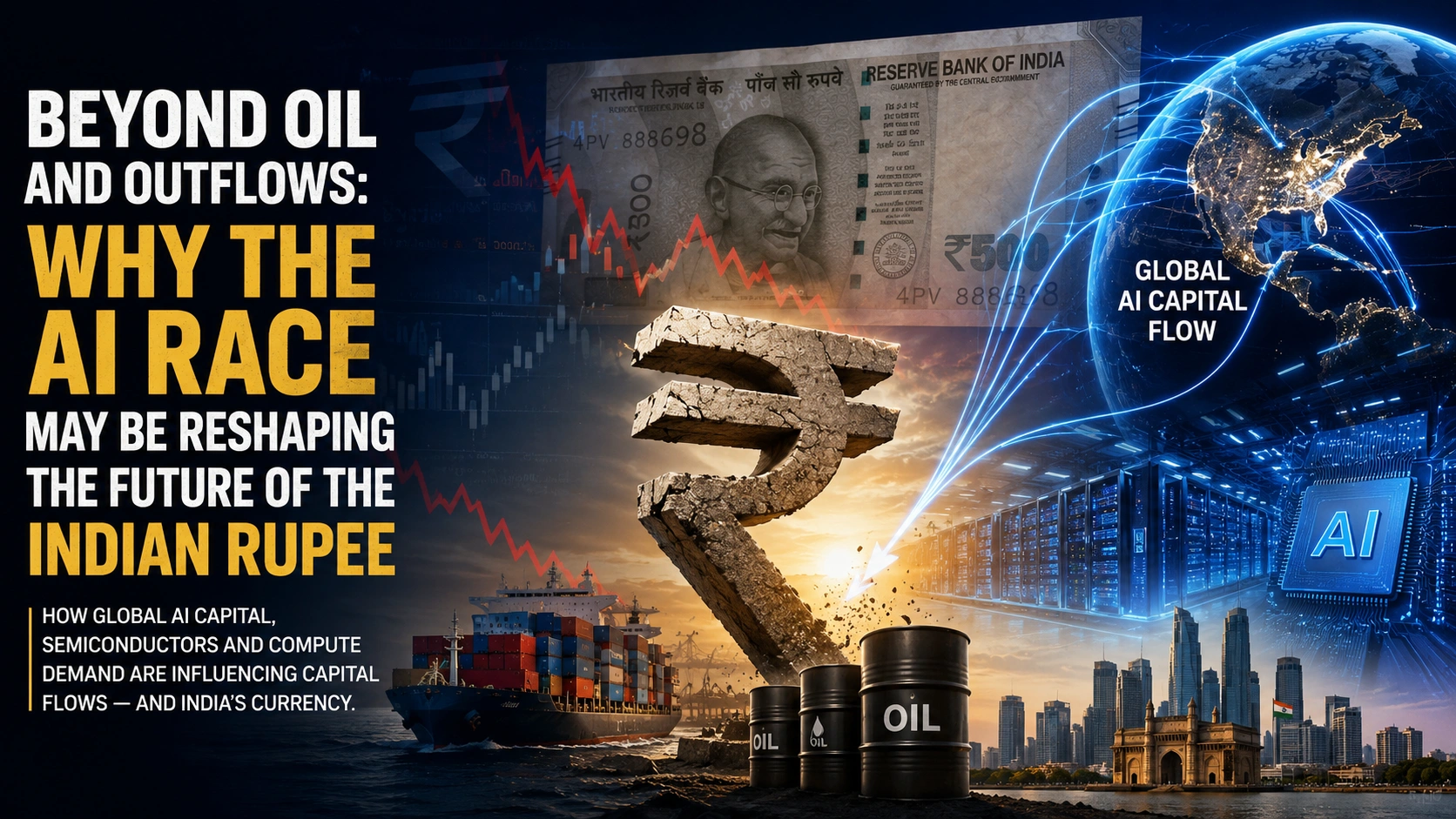 Editorial illustration showing the Indian rupee under pressure amid global AI capital flows, semiconductor dominance, oil shocks, and foreign investor outflows.