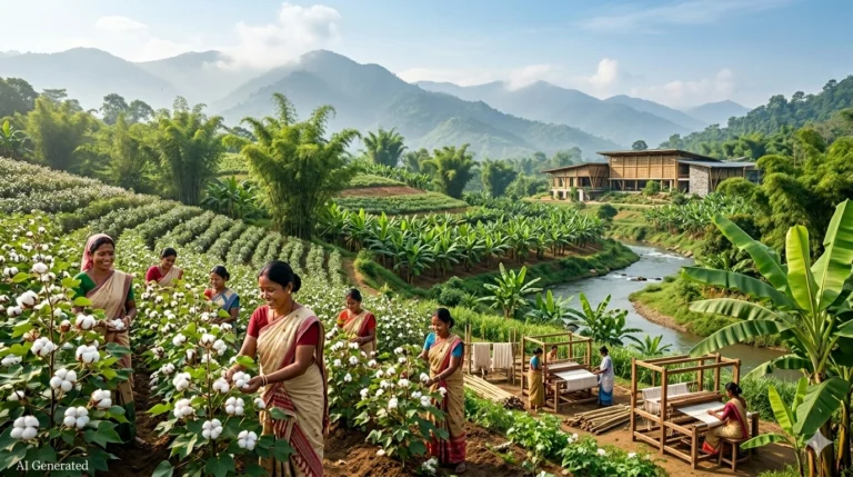 Sustainable agriculture and textile production landscape in India, featuring traditional women farmers harvesting Kopah (cotton) and artisans using wooden looms, alongside bamboo and banana plantations for alternative natural fibers, under a mountain valley backdrop.