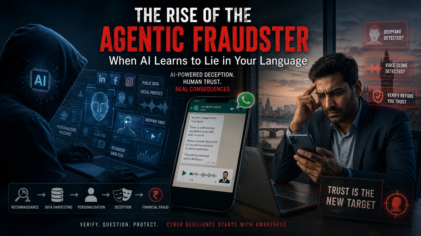 A dramatic digital illustration showing an AI-powered cyber fraud operation with a hooded hacker, deepfake technology, WhatsApp scam messages, and a worried businessman, symbolising the rise of agentic AI fraud and cyber deception.