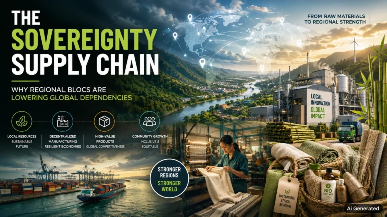 AI-generated illustration depicting decentralized regional supply chains, sustainable manufacturing ecosystems, bamboo-based industries, and the shift from global dependency toward localized economic resilience.