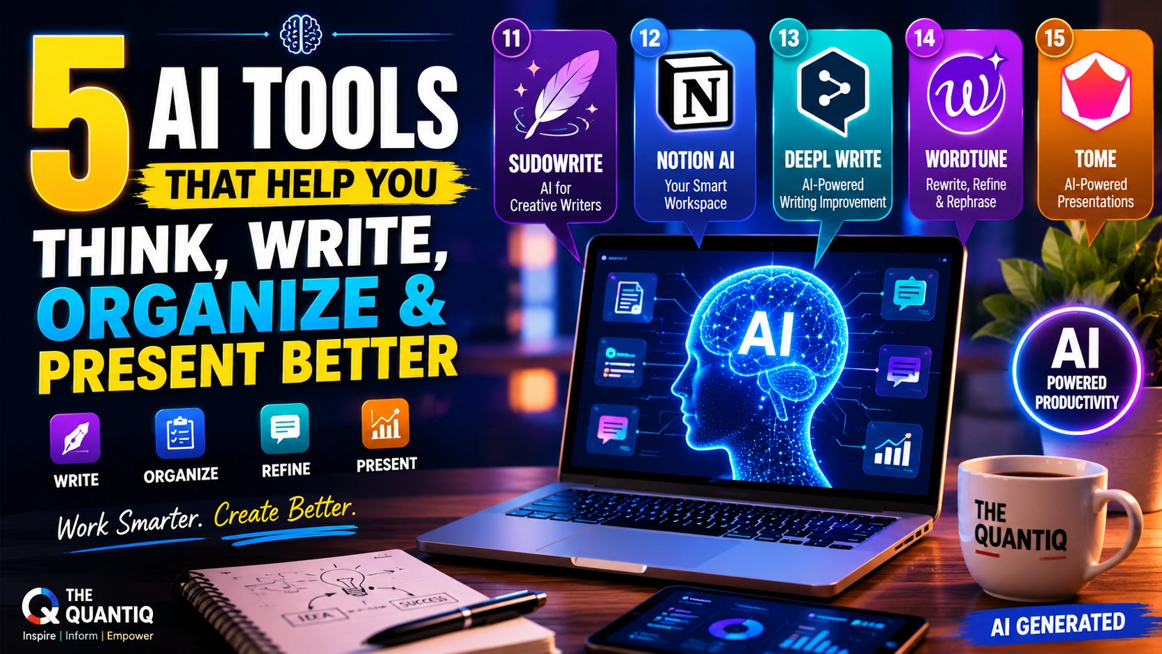 Featured image for The Quantiq Sunday AI Brief showcasing five AI productivity tools—Sudowrite, Notion AI, DeepL Write, Wordtune, and Tome—that help users think, write, organize, and present better.