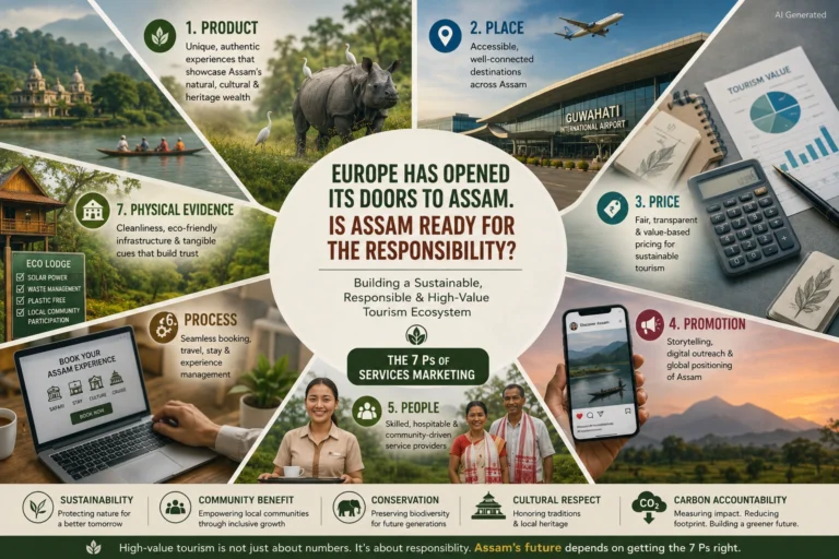 Infographic showing the 7 Ps of services marketing framework for sustainable tourism development in Assam after Europe revised travel advisory restrictions