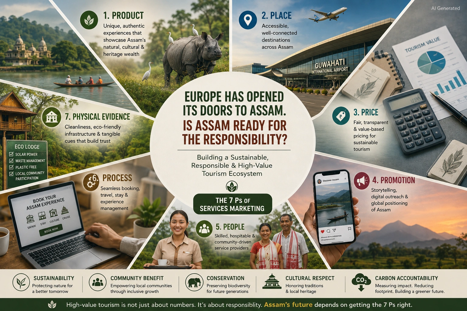 Infographic showing the 7 Ps of services marketing framework for sustainable tourism development in Assam after Europe revised travel advisory restrictions