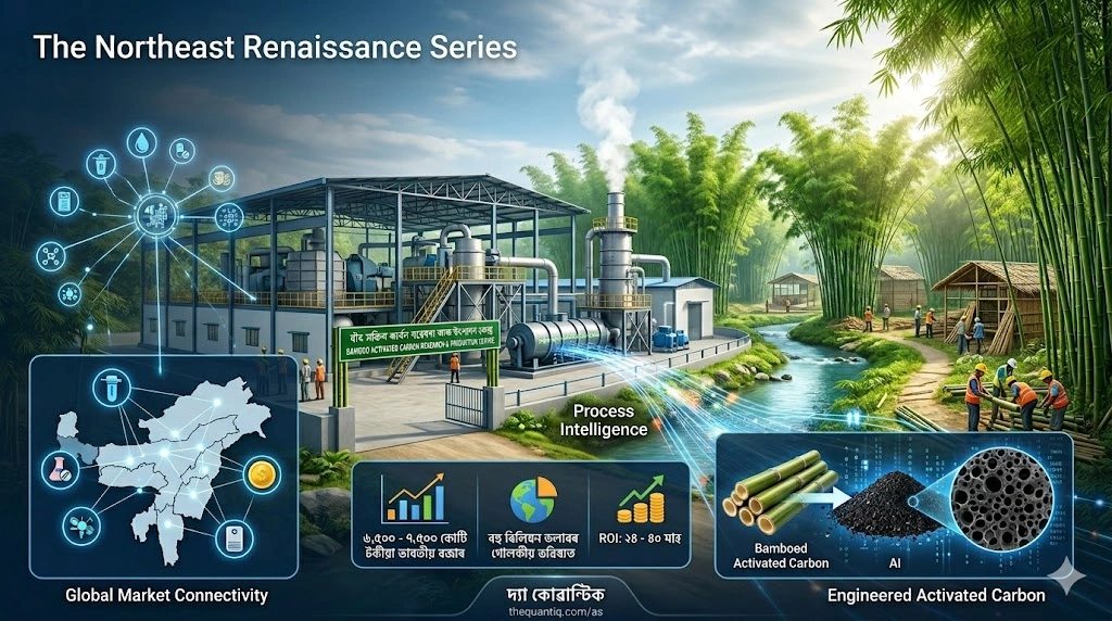 n infographic titled 'The Northeast Renaissance Series' showing a modern industrial plant integrated into a lush bamboo forest environment in Northeast India. It highlights a process flow from raw bamboo to engineered activated carbon using AI and Process Intelligence, featuring regional maps, global market connectivity indicators, financial market statistics in Assamese script, and laborers working sustainably.