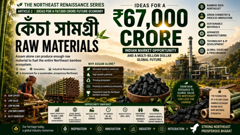 Featured image showing bamboo biomass, biochar production, carbon infrastructure and Northeast India's opportunity in climate-smart manufacturing and carbon economies.
