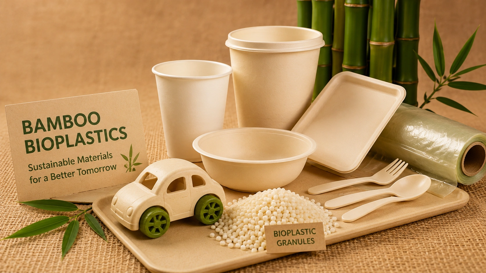 Bamboo bioplastics products, biodegradable packaging materials, bioplastic granules and eco-friendly toy showcasing sustainable manufacturing opportunities in Northeast India