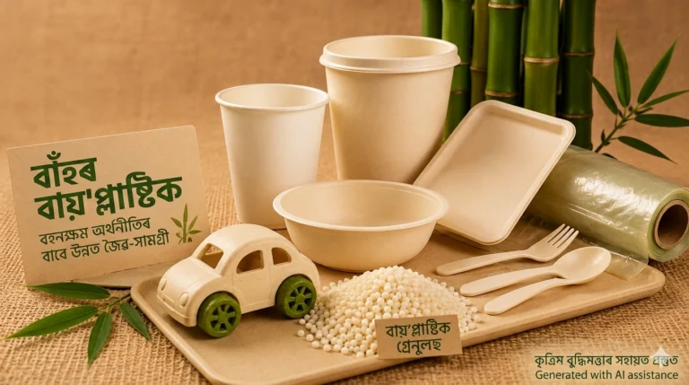 A collection of bamboo bioplastic products like cups, plates, a toy car, and granules on a tray, with a sign in Assamese script.