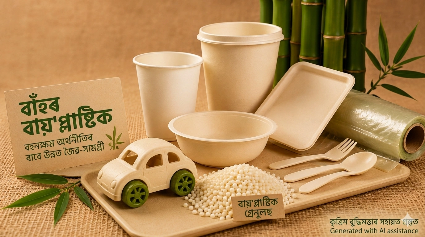 A collection of bamboo bioplastic products like cups, plates, a toy car, and granules on a tray, with a sign in Assamese script.
