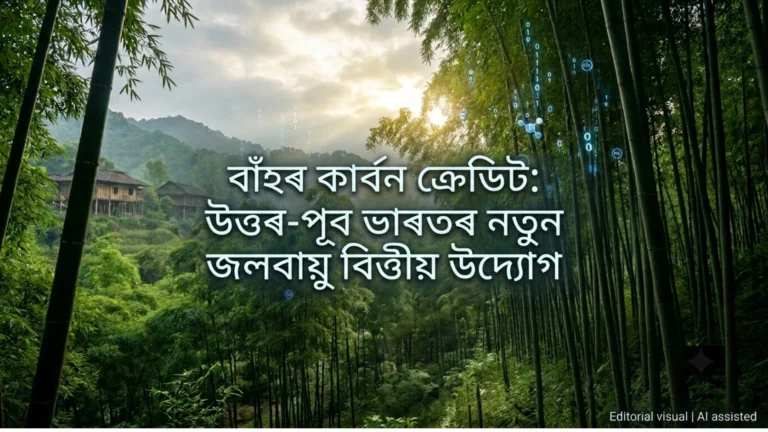 Featured image for The Quantiq article on Bamboo Carbon Credits and Climate Finance in Northeast India with digital analytics overlay.