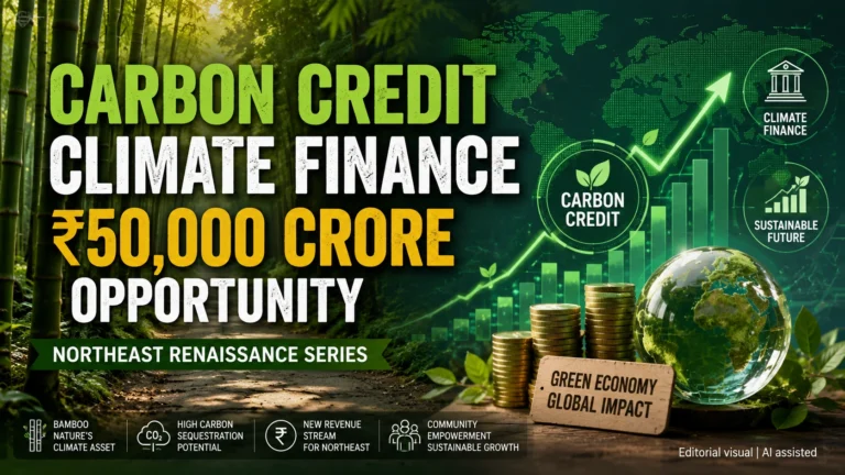 Bamboo carbon credits and climate finance opportunity showing ₹50,000 crore market potential under The Northeast Renaissance Series by The Quantiq