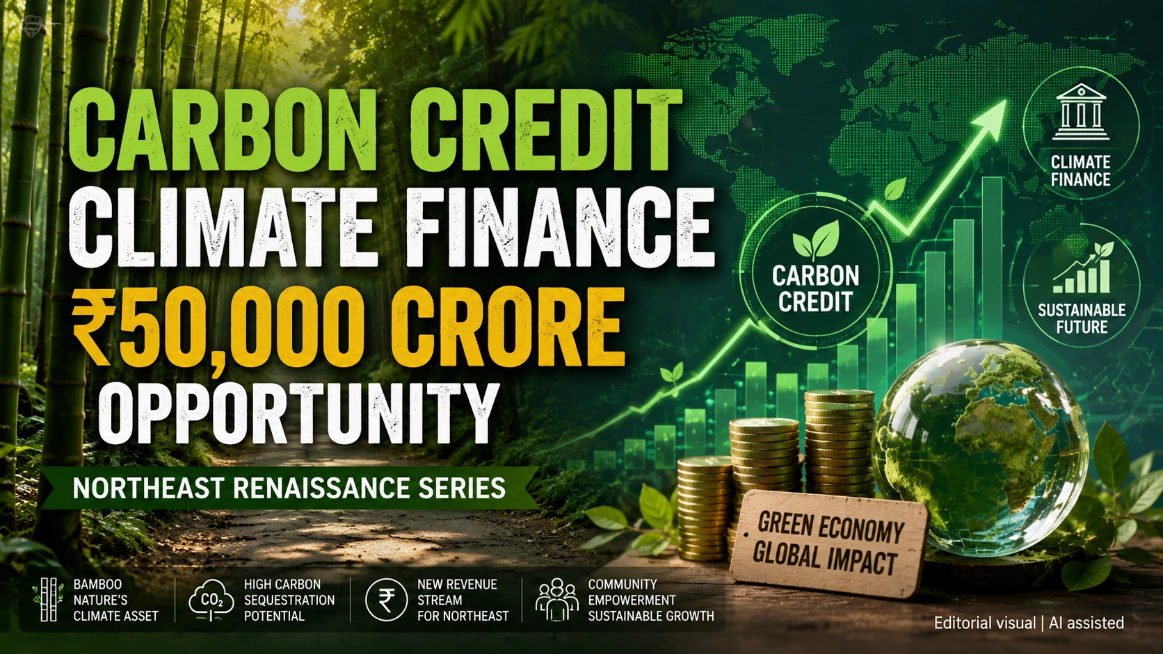 Bamboo carbon credits and climate finance opportunity showing ₹50,000 crore market potential under The Northeast Renaissance Series by The Quantiq