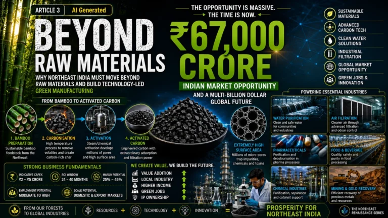 Bamboo activated carbon production showing advanced carbon materials, industrial filtration, water purification and high-value manufacturing opportunities in Northeast India.