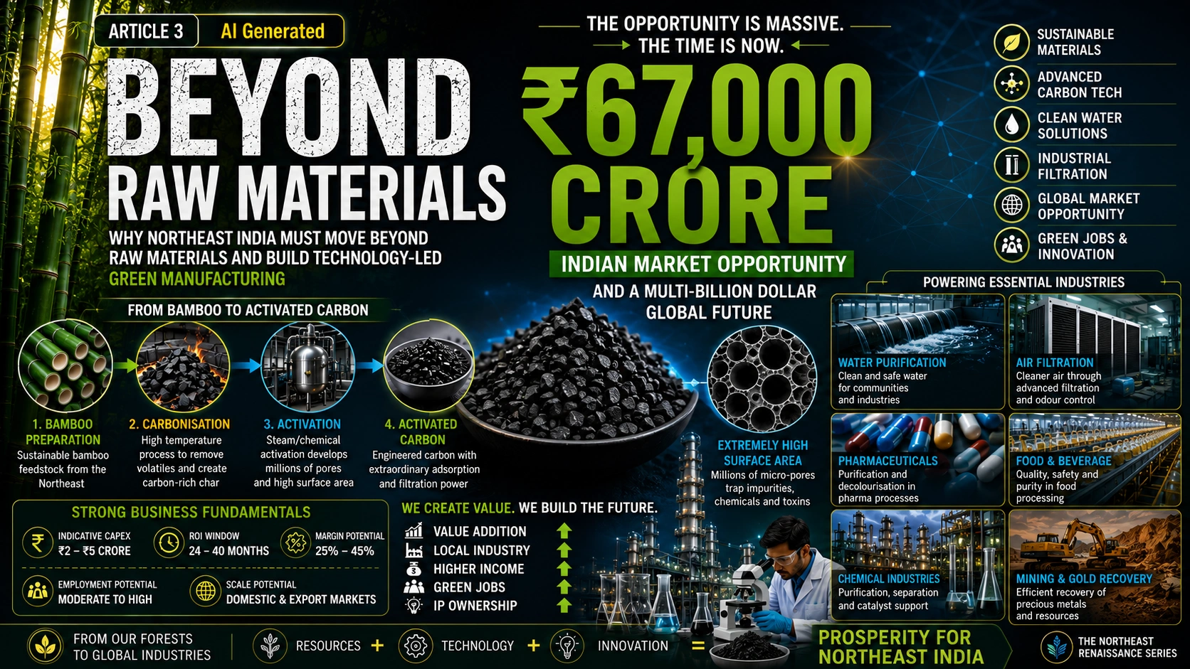 Bamboo activated carbon production showing advanced carbon materials, industrial filtration, water purification and high-value manufacturing opportunities in Northeast India.