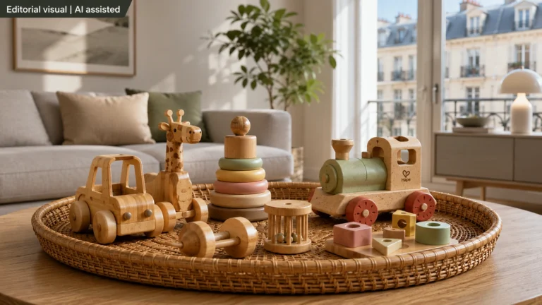 Premium eco-friendly bamboo toys including a wooden train, giraffe, truck, and stacking rings arranged on a woven tray in a modern living room setting.