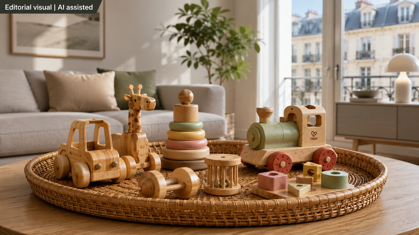 Premium eco-friendly bamboo toys including a wooden train, giraffe, truck, and stacking rings arranged on a woven tray in a modern living room setting.