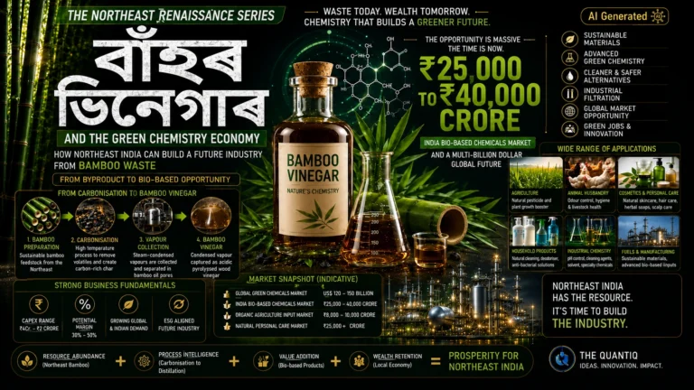 Assamese infographic explaining Bamboo Vinegar (বাঁহৰ ভিনেগাৰ) and the green chemistry economy opportunity in Northeast India, highlighting sustainable bamboo waste utilization, industrial applications, and market potential.