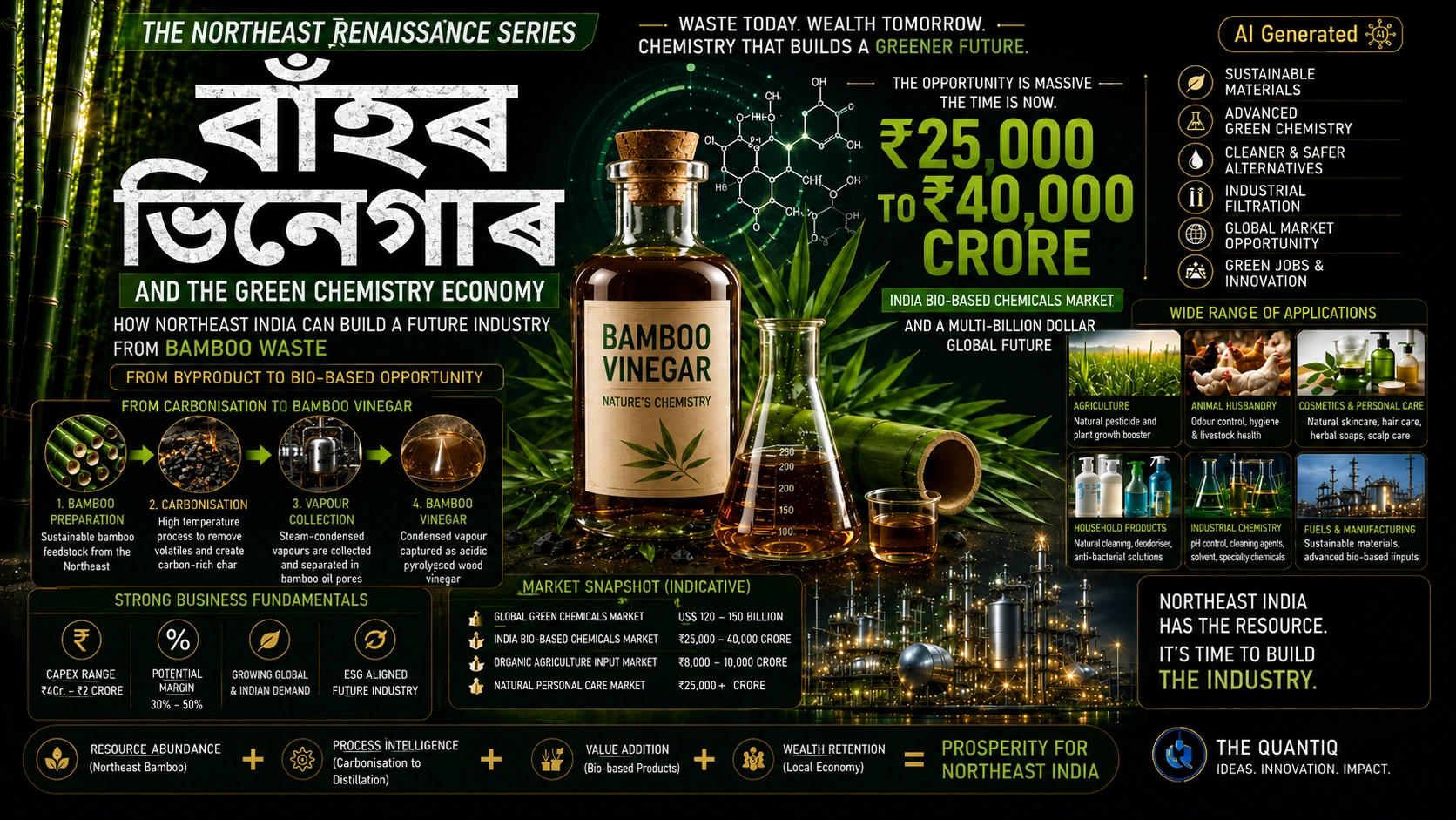 Assamese infographic explaining Bamboo Vinegar (বাঁহৰ ভিনেগাৰ) and the green chemistry economy opportunity in Northeast India, highlighting sustainable bamboo waste utilization, industrial applications, and market potential.