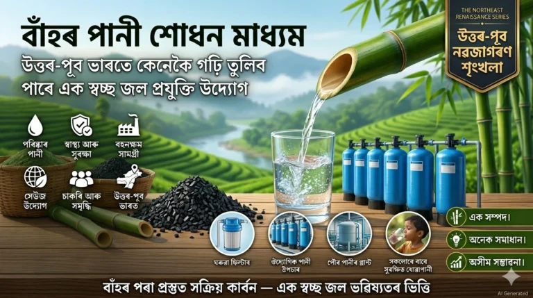 An editorial infographics featured image in 16:9 aspect ratio for an article titled "Bamboo Water Purification Media," showcasing clean water flowing from a green bamboo stalk into a clear glass. The background features a pristine, misty river valley and hills of Northeast India. Assamese typography overlays the layout with a professional corporate aesthetic, alongside industrial water treatment tanks, a household filter diagram, active charcoal heaps, and icons highlighting sustainability, jobs, and clean water technology.
