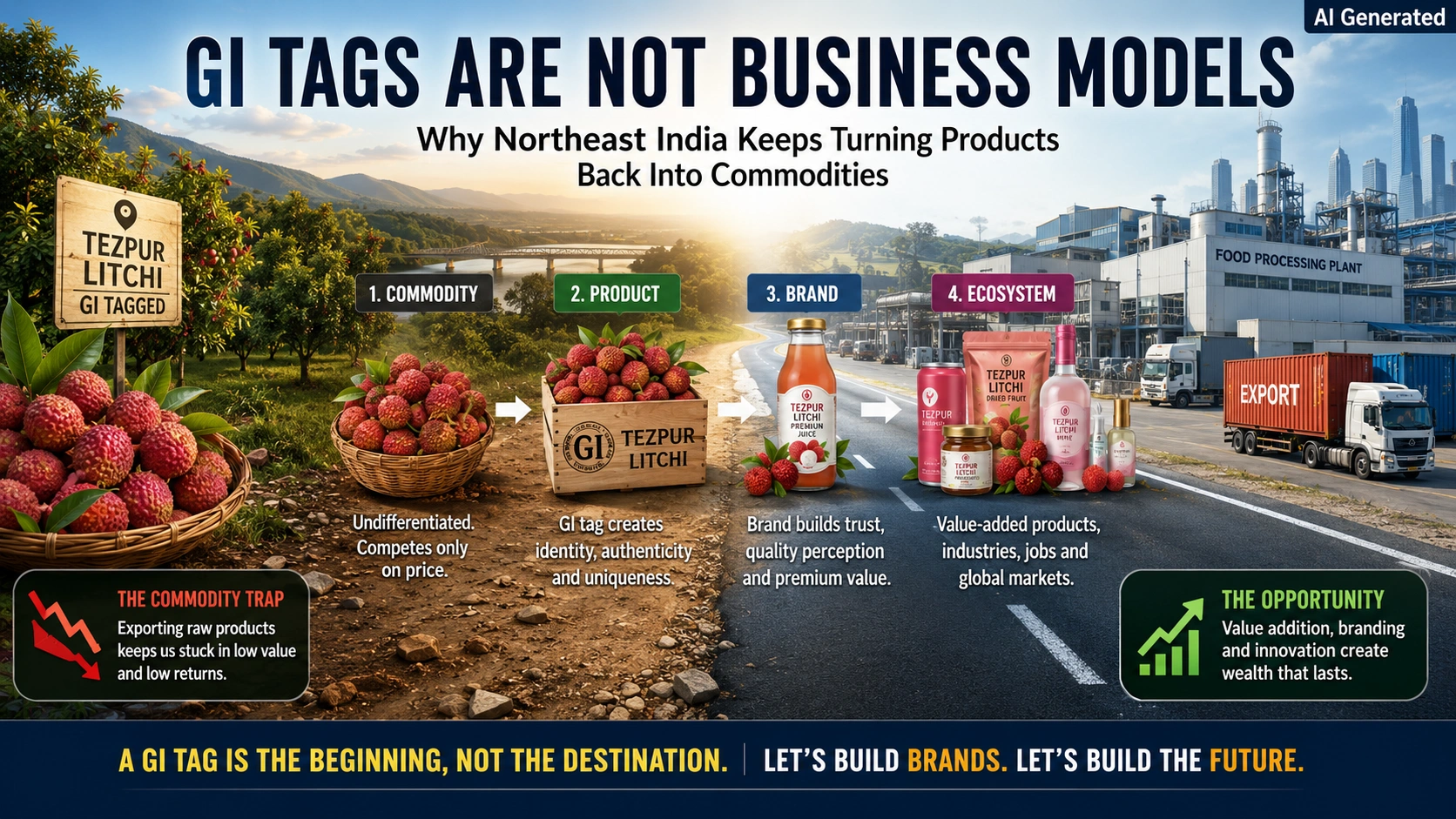 GI tagged products of Northeast India like Tezpur Litchi and Lakadong Turmeric need value addition and brand building for economic growth