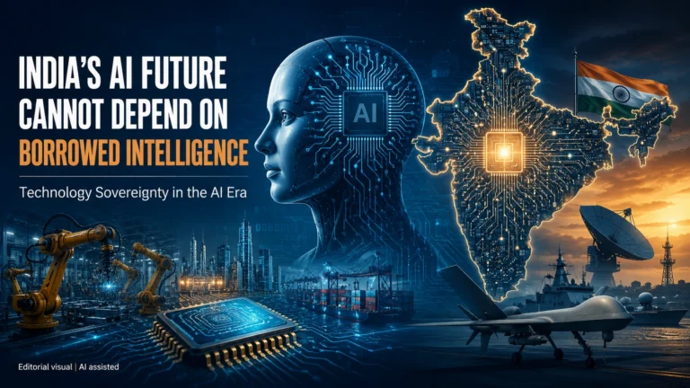 India artificial intelligence sovereignty concept showing robotics, semiconductor technology, digital infrastructure and India’s future dependence on imported AI systems