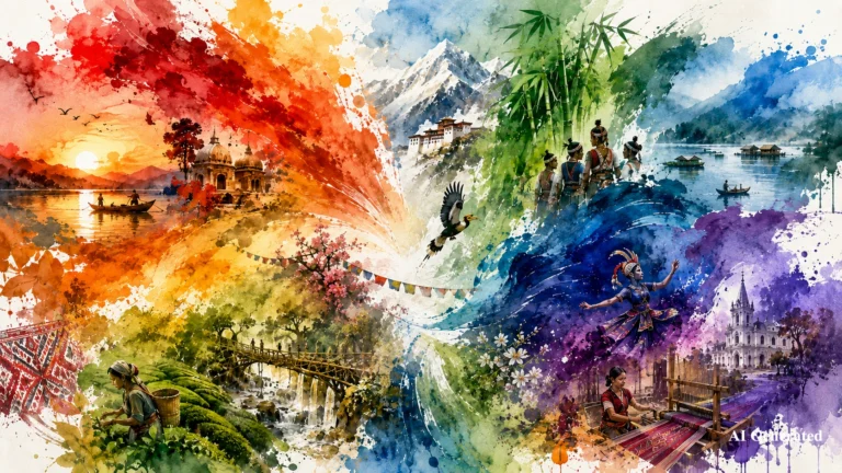 Abstract watercolor artwork representing Northeast India as "India's Living Mosaic," blending vibrant colours, indigenous cultures, handloom traditions, bamboo craftsmanship, mountains, rivers, biodiversity and community life into a unified visual narrative.