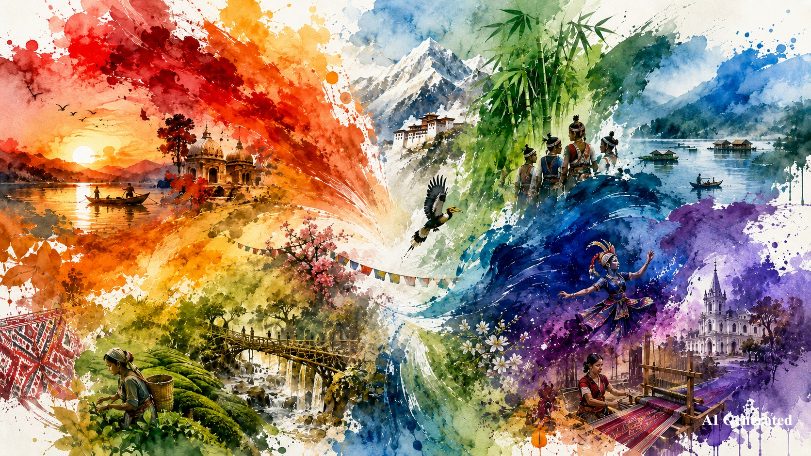 Abstract watercolor artwork representing Northeast India as "India's Living Mosaic," blending vibrant colours, indigenous cultures, handloom traditions, bamboo craftsmanship, mountains, rivers, biodiversity and community life into a unified visual narrative.