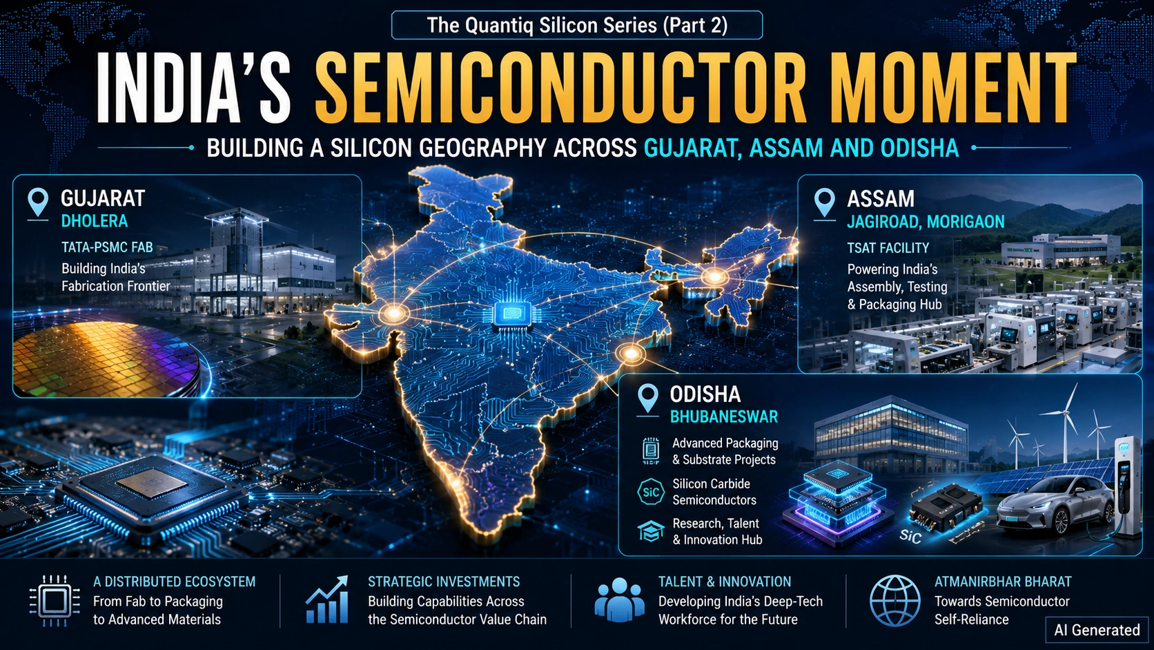 India's semiconductor ecosystem showing Dholera Fab in Gujarat, TSAT Morigaon in Assam and emerging semiconductor projects in Odisha