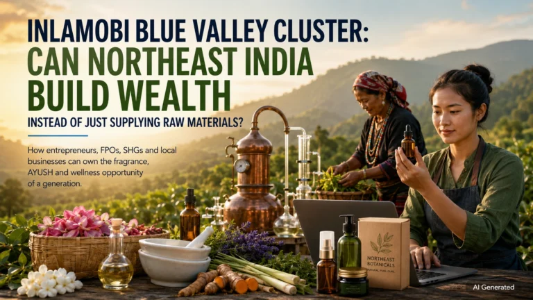 AI-generated illustration showing Northeast Indian entrepreneurs, farmers, and botanical product makers participating in the INLAMOBI Blue Valley Cluster opportunity through fragrances, AYUSH products, natural cosmetics, and value-added processing.