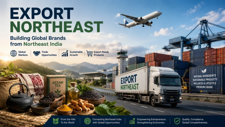Hyper-realistic illustration of Northeast India's export potential featuring Assam tea, Lakadong turmeric, black rice, traditional handloom products, cargo containers, a freight truck, and aviation logistics symbolizing Northeast India's connection to global markets.