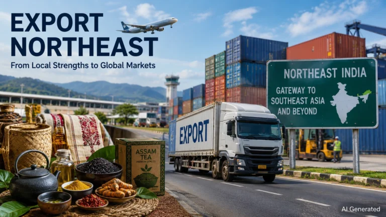 Hyper-realistic illustration of Northeast India's export potential featuring Assam tea, Lakadong turmeric, black rice, traditional handloom products, cargo containers, a freight truck, and aviation logistics symbolizing Northeast India's connection to global markets