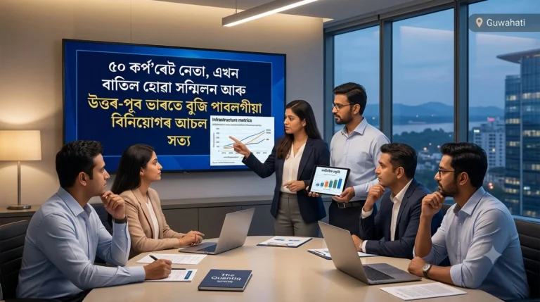 Three corporate professionals in a boardroom discussing investment data. A digital table displays a map of Northeast India and the Assamese text: 'উত্তৰ-পূব ভাৰতত ঔদ্যোগিক বিনিয়োগ আৰু আন্তঃগাঁথনি'. Through large windows, a modernized industrial and port complex on the Brahmaputra River is visible at sunset.