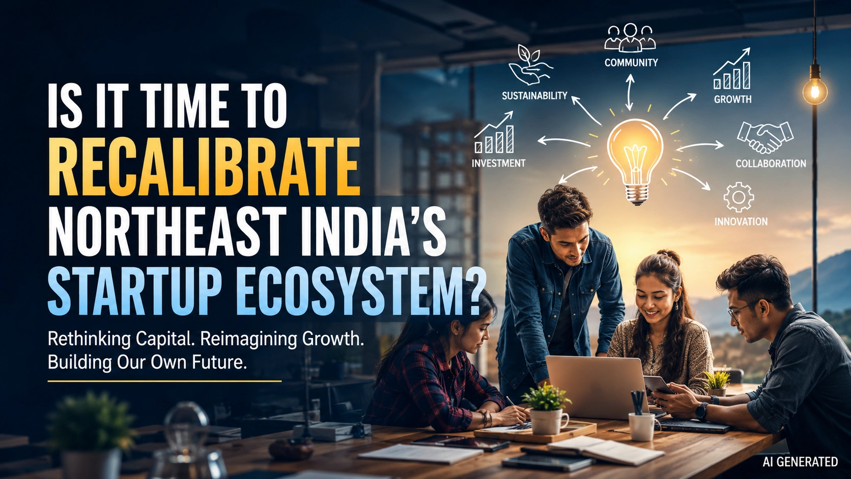 Young entrepreneurs discussing innovation and investment as The Quantiq explores the future of Northeast India’s startup ecosystem and capital recalibration.