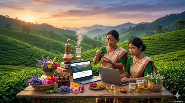 An AI-generated featured image in a 16:9 aspect ratio showing two women wearing traditional Assamese Mekhela Chadors in a lush green tea plantation setting. They are working at a wooden table with a copper distillation still, laptops, amber essential oil bottles, jars of spices like turmeric, and baskets of fresh flowers like lavender and roses. "AI Generated" is printed discreetly in the bottom right corner.